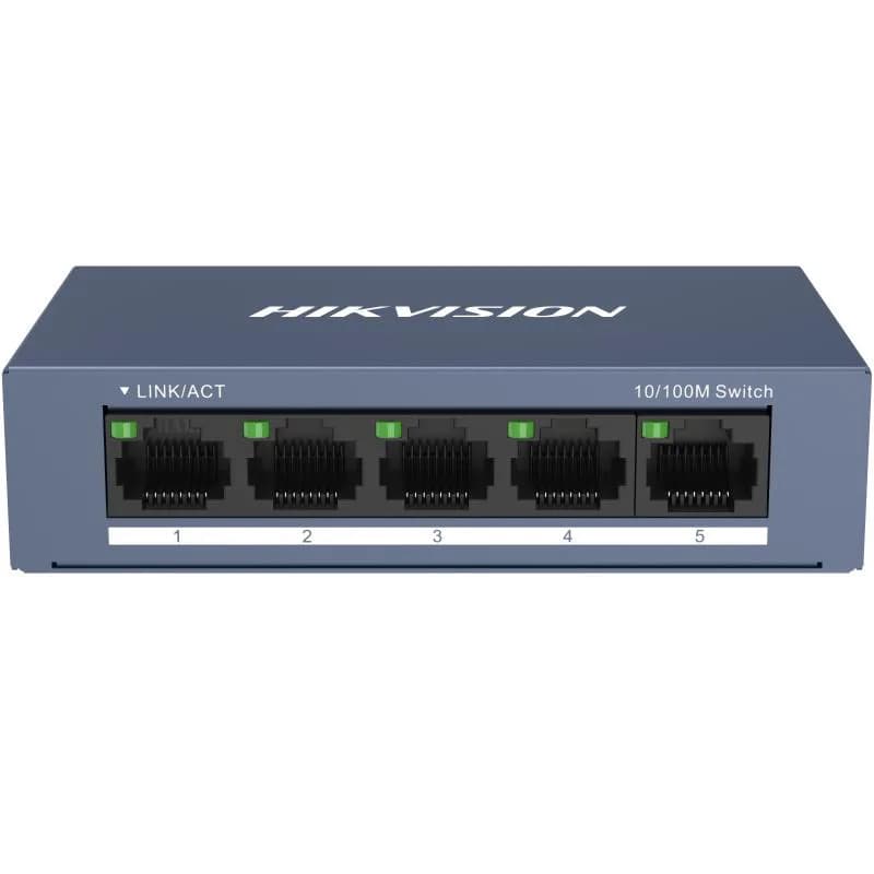 Switch Hikvision DS-3E0105-O: 5 × 10/100 Mbps RJ45 Port, tensiune alimentare 5 VDC, 1A., dimensiuni: 103.05 mm × 25.6 mm × 61.1 mm, greutate: 0.15kg, montare pe birou sau pe perete.