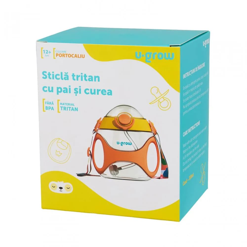 Sticla tritan cu pai si curea, 330 ml, orange, U-Grow — miniatură