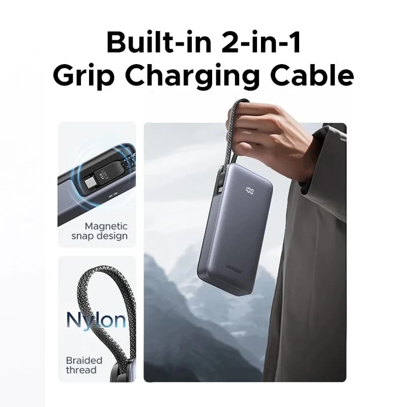 POWER BANK Ugreen "PB536", 20000mAh, 45W PD3.0, 1 x USB, 1 x USB Type-C, 1 x USB Type-C cablu integrat, display, gri, "55988B" — miniatură