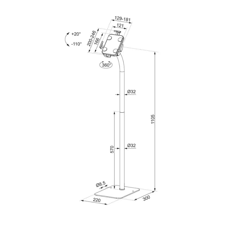 Neomounts by Newstar FL15-625BL1 tablet floor stand General Min. screen size* : 7,9 inch Max. screen size* : 11 inch Max. weight : 1 kg Screens : 1 Functionality Type : Tilt, Rotate Tilt (degrees) : +20°, -110° Rotate (degrees) : 360° Height : 123,8 cm Width : 22 cm Adjustment type : Manual — miniatură