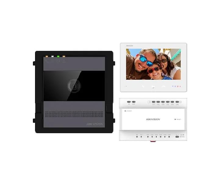 Kit videointercom IP Hikvision DS-KIS704EY/AL; kit-ul contine: 1x DS- KH7300EY-WTE2/WH, 1x DS-KD-ACW1, 1x DS-KD7003EY-IME2/AL, 1x DS- KSD7040EY, 1x 36W DIN RAIL PSU, 1x 32GB TF CARD, caracteristici post exterior: 2MP HD camera, IR, WDR, microfon inclus, difuzor inclus, 1 buton, alimentare: 12 VDC