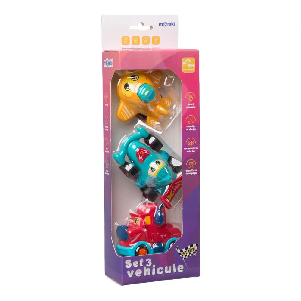 SET 3 VEHICULE ACTIONATE PRIN INERTIE- CAMION ROSU, MASINA DE CURSE ALBASTRA, AVION GALBEN,MOMKI — miniatură