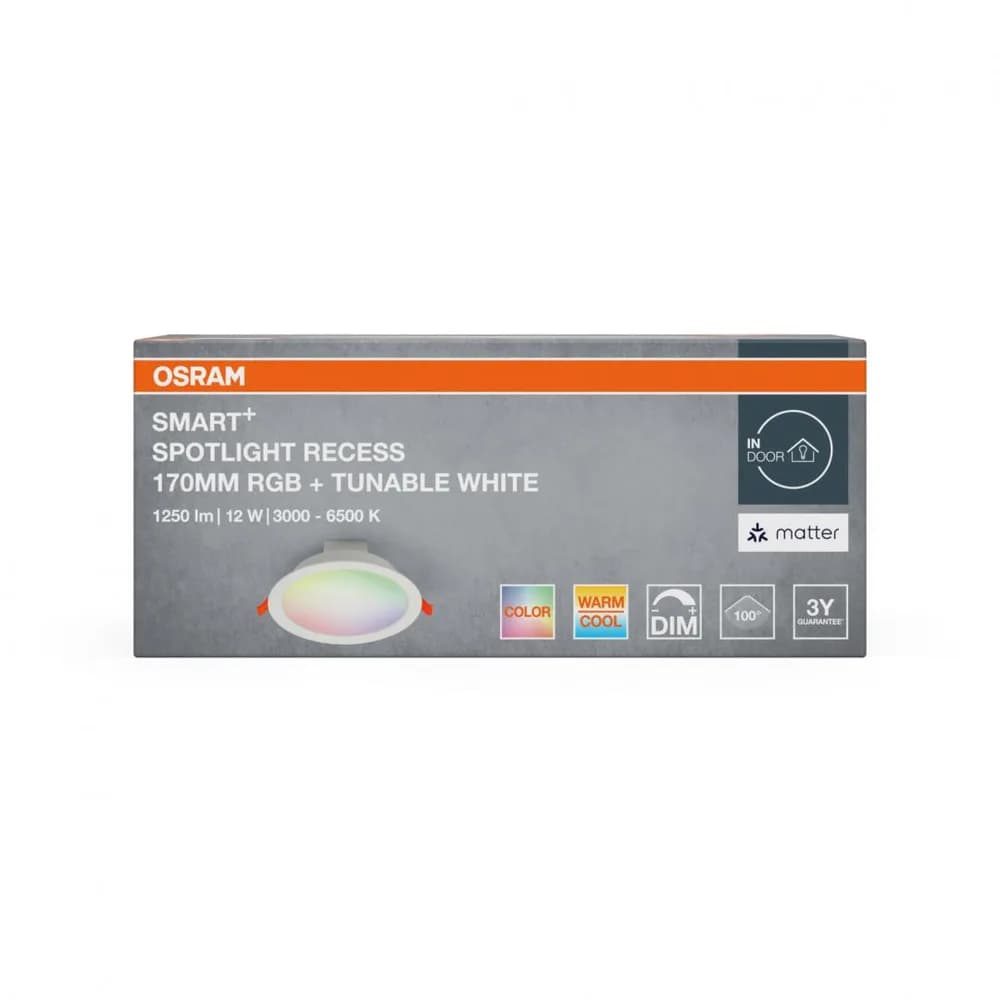 Spot LED RGB incastrat OSRAM SMART+ MATTER 100°, 12W, 1250 lm, lumina alba si color(3000-6500K), IP20/IK03, Ø170mm, Alb