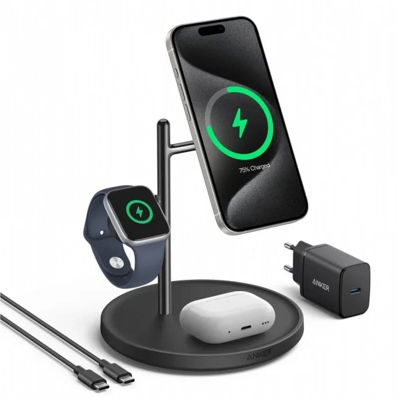 Stand incarcare wireless Anker, MagGo 3-in-1, 15W, fast charge, compatibl Apple, 1 x USB-C incarcare, negru, "B25M3312" - 0194644077273 — miniatură