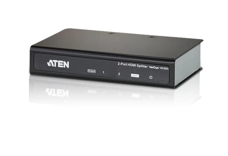Splitter ATEN VS182A-AT-G; numar porturi:2, Video Type portul: HDMI, Iesire video: 2x HDMI. Rezoluţia maximă: 4096 x 2160 Pixel, Culoarea produsului: Negru, Material carcasă: Metal. Tensiune AC intrare: 5 V, Consum de energie (tipic): 3,12 W. Lățime: 80 mm, Adâncime: 125 mm, Înălţime: 25 mm