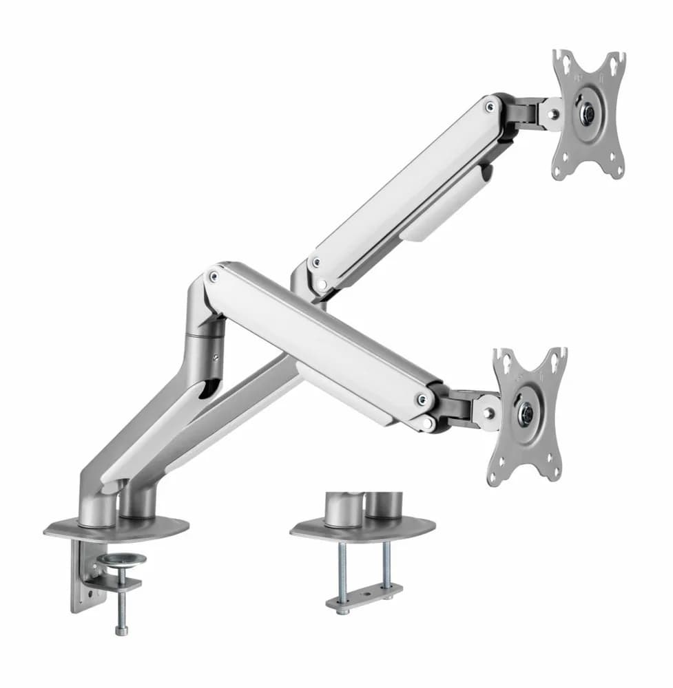 Suport 2 monitoare Serioux MM63-C024, arc cu gaz, compatibilitate dimensiune ecran 17"-32", greutate maximă suportata: (per ecran): 2~ 9kg, VESA: 75x75, 100x100, inclinare: +55°~-55°, pivotare: +90°~-90°, rotația ecranului: +180°~-180° — miniatură