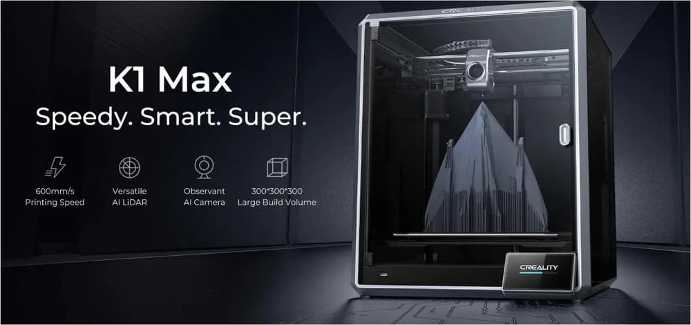 Imprimanta 3D Creality K1 MAX, Tehnologie FDM, viteza printare 600mm/s, Precizie 100 +/-0.1mm, Diametru filament: 1.75mm, tip filament compatibil: ABS/PLA/PETG/PET/TPU/PA/ABS/ASA/PC/PLA-CF/PA-CF/PET-CF, Transfer fisier: USB drive,WIFI temperatura duza:300 C, Format fisier: G-code,Software: Creality