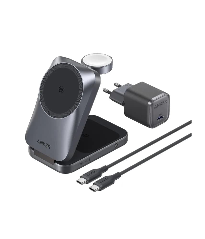 Statie de incarcare wireless 3 in 1 Anker, Prime, 45W, portabil, pliabil, fast charge, pentru iPhone seriile 12-17, Apple Watch, AirPods,exceptie iPhone 17 Air, 1 x USB-C incarcare, gri, "B25N1G11" - 0194644321809