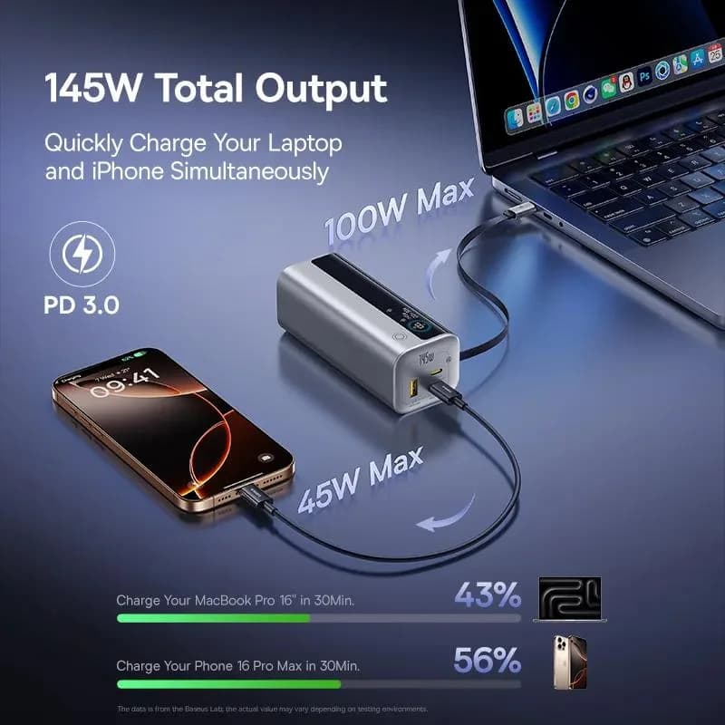 POWER BANK Baseus EnerGeek GR11, 20000mAh, 145W, 2 x USB Type-C, 1 x USB, cablu integrat USB Type-C, display, argintiu, "E0027B02" - 6932172691738 — miniatură