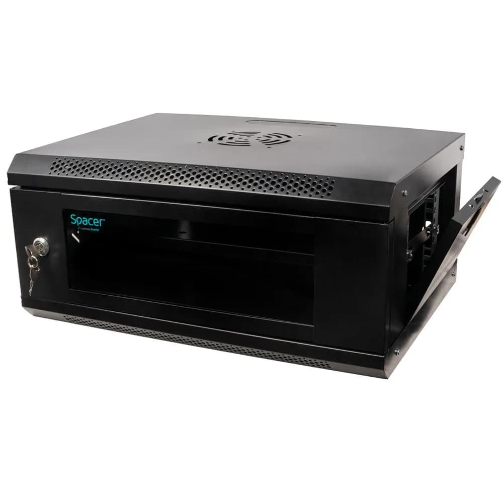 CABINET 19″ SPACER 4U 500x400mm, fixare pe perete, Flatpack (dezasamblat), Black, usa sticla cu blocare, panouri detasabile, otel 1mm, sarcina maxima 25Kg — miniatură