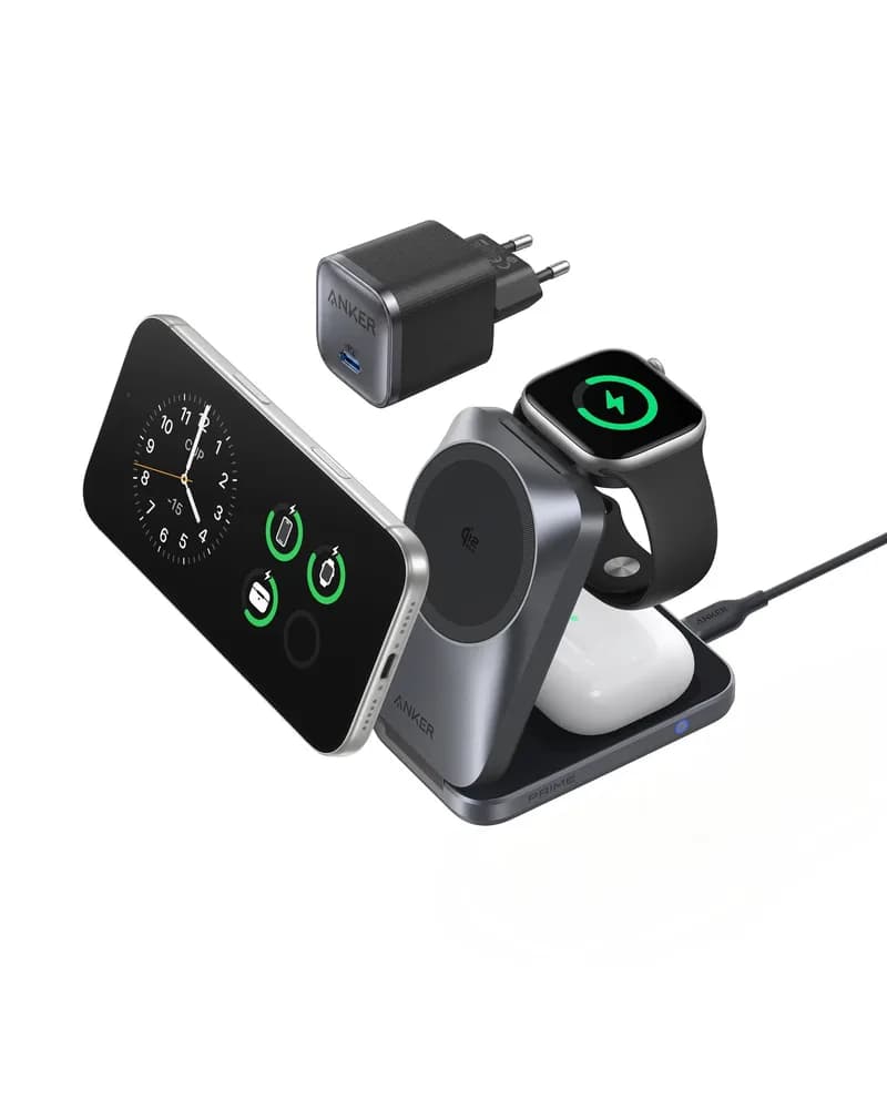 Statie de incarcare wireless 3 in 1 Anker, Prime, 45W, portabil, pliabil, fast charge, pentru iPhone seriile 12-17, Apple Watch, AirPods,exceptie iPhone 17 Air, 1 x USB-C incarcare, gri, "B25N1G11" - 0194644321809 — miniatură
