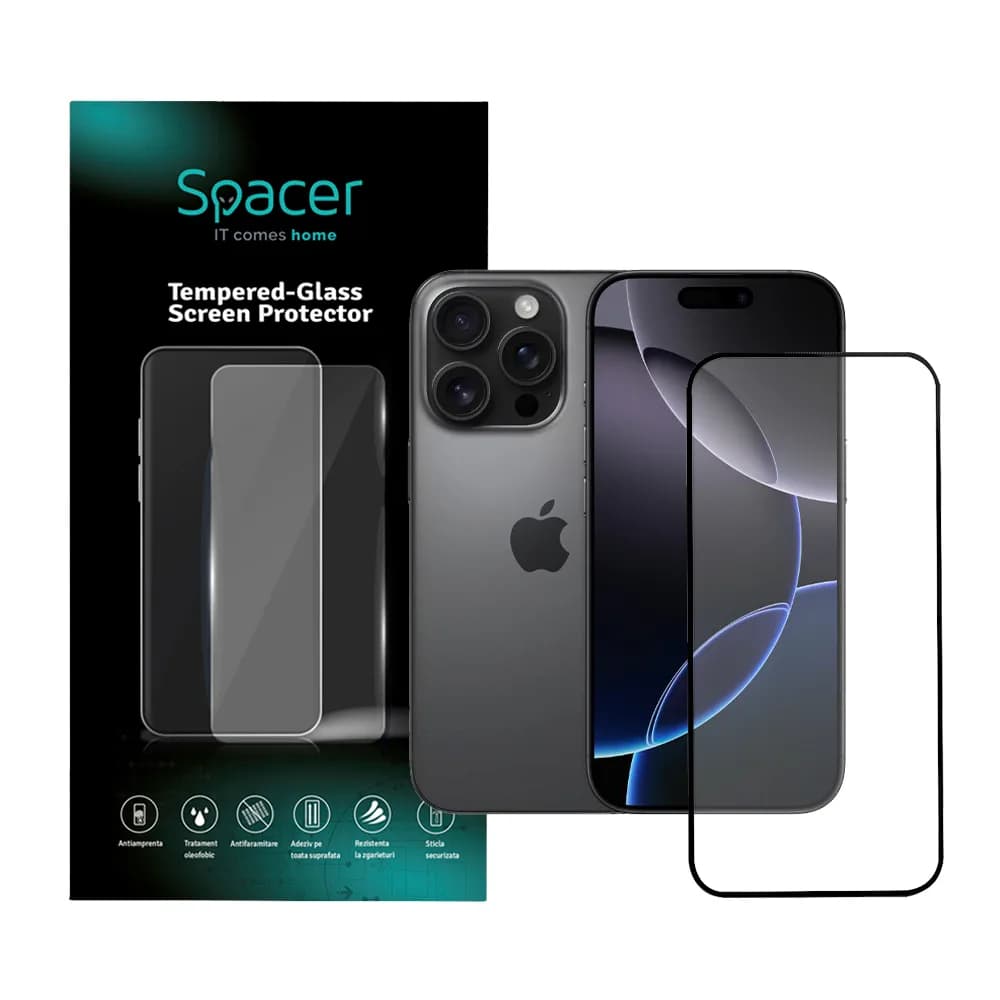 FOLIE STICLA Spacer pentru Iphone 16 Pro, grosime 0.3mm, acoperire totala ecran, strat special anti-ulei si anti-amprenta, Tempered Glass, sticla 9D, duritate 9H "SPPG-AP-IP16P-TG"