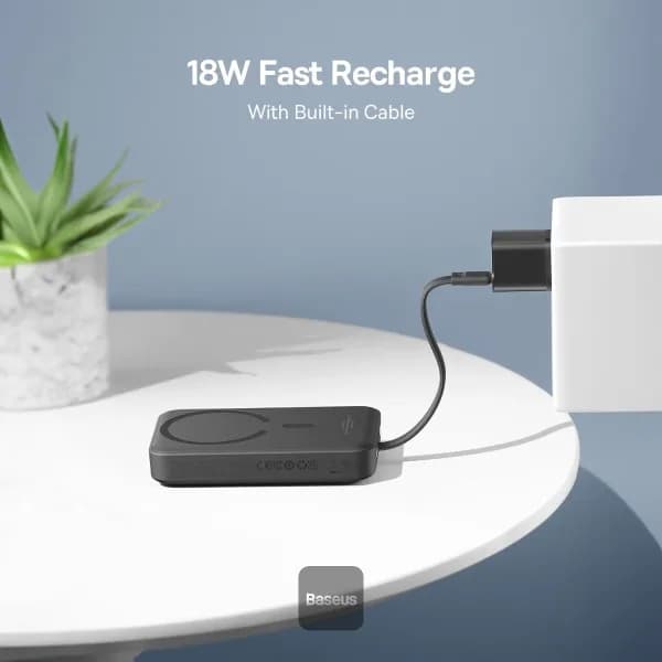 POWER BANK Baseus Magnetic Mini Wireless, 10000mAh, 30W, 2 x USB Type-C output/input, 15W wireless charging, cablu integrat USB Type-C, negru, "P1002210B113-00" - 6932172642785 — miniatură