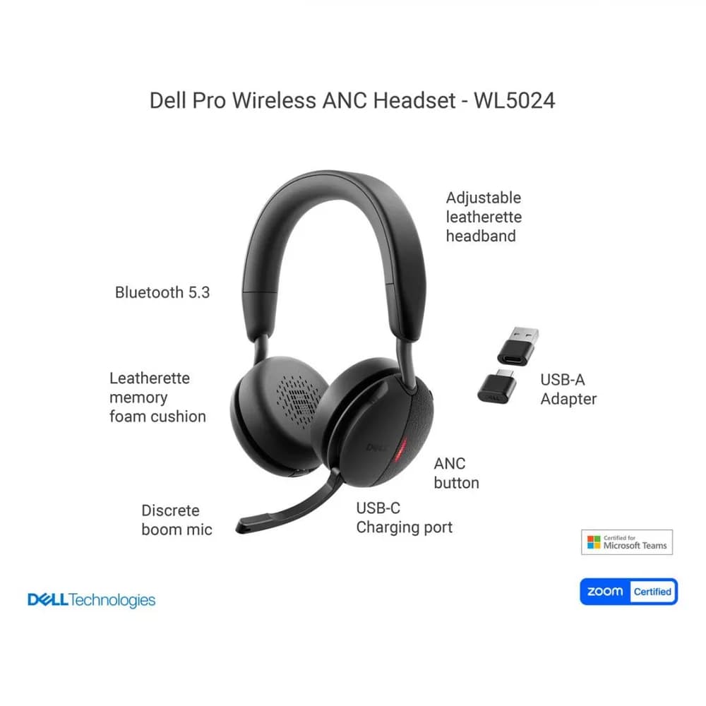 Casti Head-band DELL WL5024, Wireless/Wired, noise-canceling, Negru — miniatură