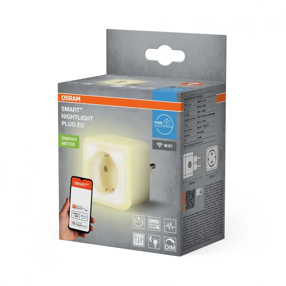 Priza inteligenta Osram Smart+ Wi-Fi, cu lumina de noapte, 16A,3680W,IP20, compatibila Amazon Alexa, Google Home