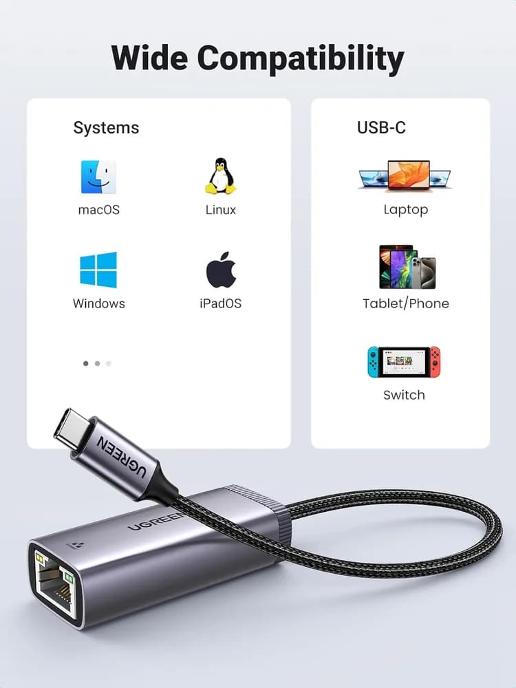 ADAPTOR RETEA Ugreen, "CM483" extern, USB Type-C (T) la port Gigabit RJ-45, gri "40322" — miniatură