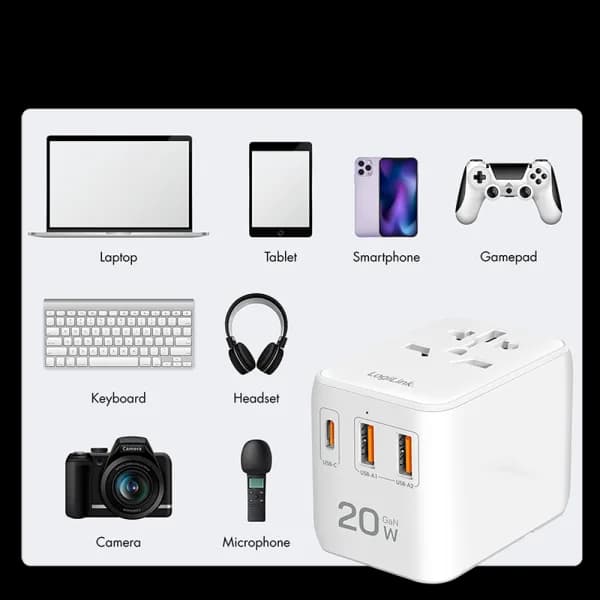 ALIMENTATOR retea 220V LOGILINK, universal, 1 x USB-C, 2 x USB-A, maxim 12V/1.67A, PD 20W, suport OCP/OVP/OHP/SCP, compatibil EU/AUS/US/UK, alb, "PA0356" — miniatură