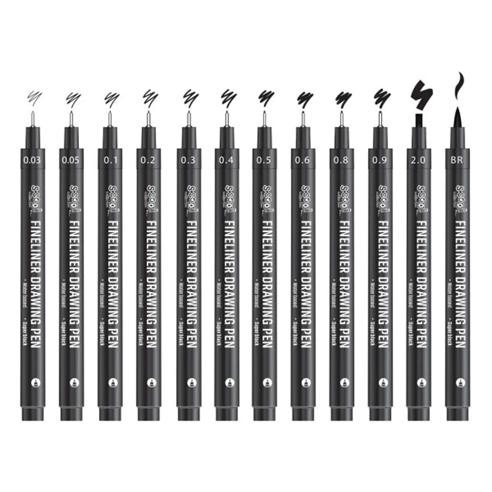 Fineliner, diferite dimensiuni 0.03-2 mm + varf tip pensula, 12 buc/set - S-COOL — miniatură