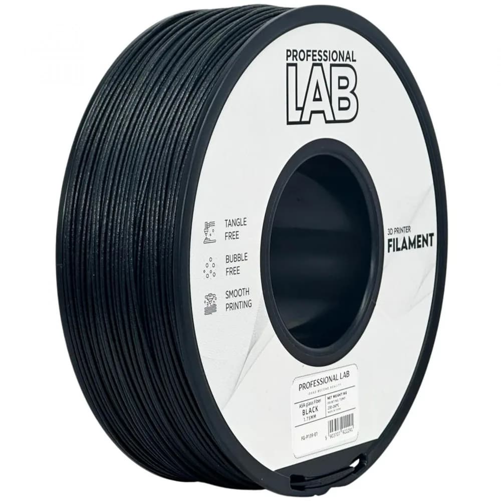 PROF. LAB FILLAMENT ASA GLASS FIBER BK, Material: ASA, Rezistenta UV, rezistenta sporita datorita insertiilor de fibra de sticla, finisaj mat,ideal pentru exterior, componente auto pana la 100 grade, Diametru: 1.75mm, Greutate: 1kg, Temperatura printare: 180C – 240C, Temperatura platforma printare