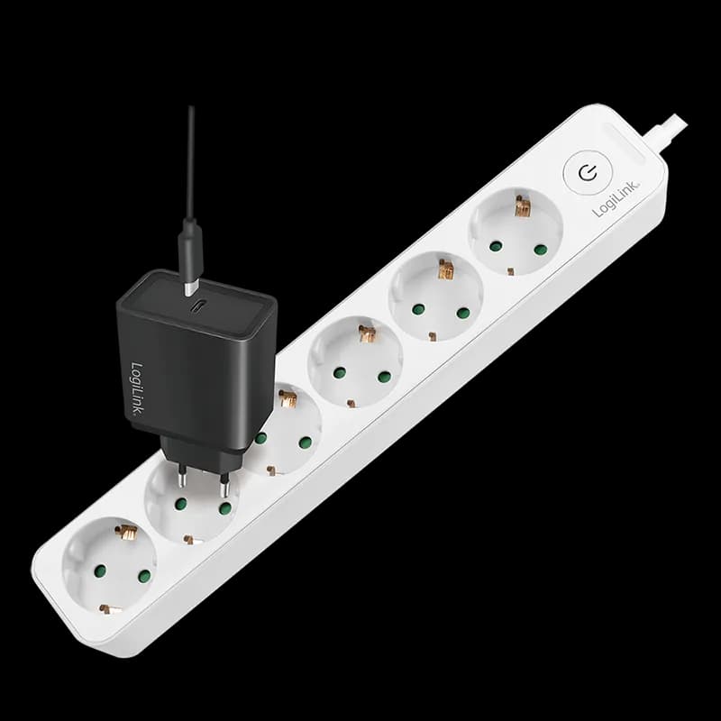 PRELUNGITOR LOGILINK, Schuko x 6, cablu 3G 1.5mm2, 230 V/16 A, 50 Hz, max. 3500 W, buton intrerupator iluminat, IP20, 1.5m, alb, "LPS247" — miniatură