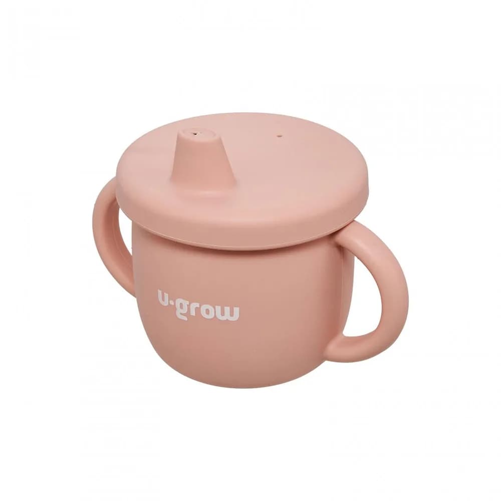 Set diversificare 3 piese silicon : bol, farfurie si cana cu cioc, roz, U-Grow — miniatură