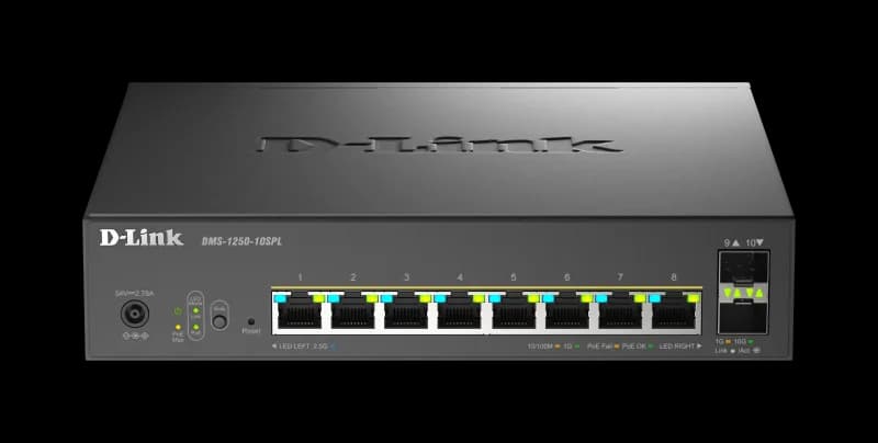 Switch D-Link DMS-1250-10SPL, 8 porturi Gigabit, 2 porturi SFP+, Protocol 802.3bt+802.3af/at, rackabil
