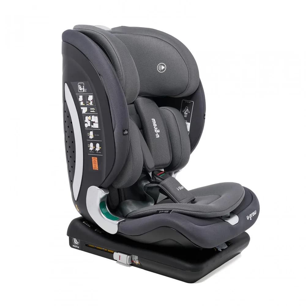 Scaun auto I-size U-Grow Goldfix Plus, isofix, 76-150 cm (9-36 kg), boxa bluetooth, gri — miniatură