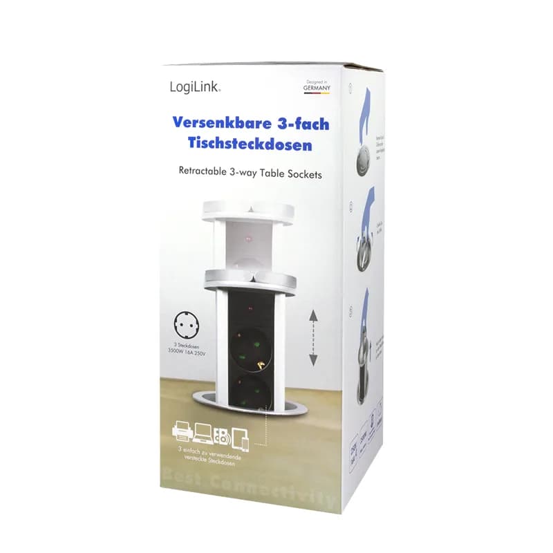 PRELUNGITOR LOGILINK, mecanism ridicare/coborare, indicator LED, Schuko x 3, 230 V/16 A 3500 W max, cablu 3G 1.5mm2, 1.8 m, argintiu/negru/alb "LPS235A" (include TV 0.18lei) — miniatură