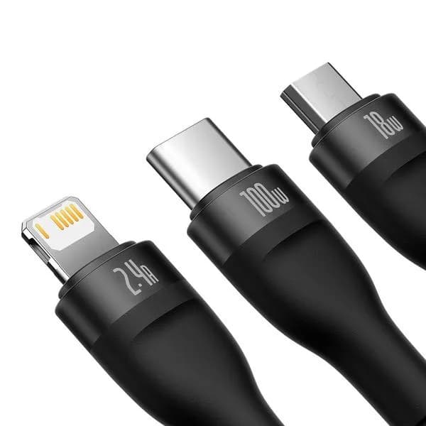 CABLU alimentare si date Baseus Flash, One-for-three Retractable, pt smartphone,USB la Micro-USB+Lightning + USB Type-C 100W, 1.2m, negru "CASS030001" - 6932172608712 — miniatură
