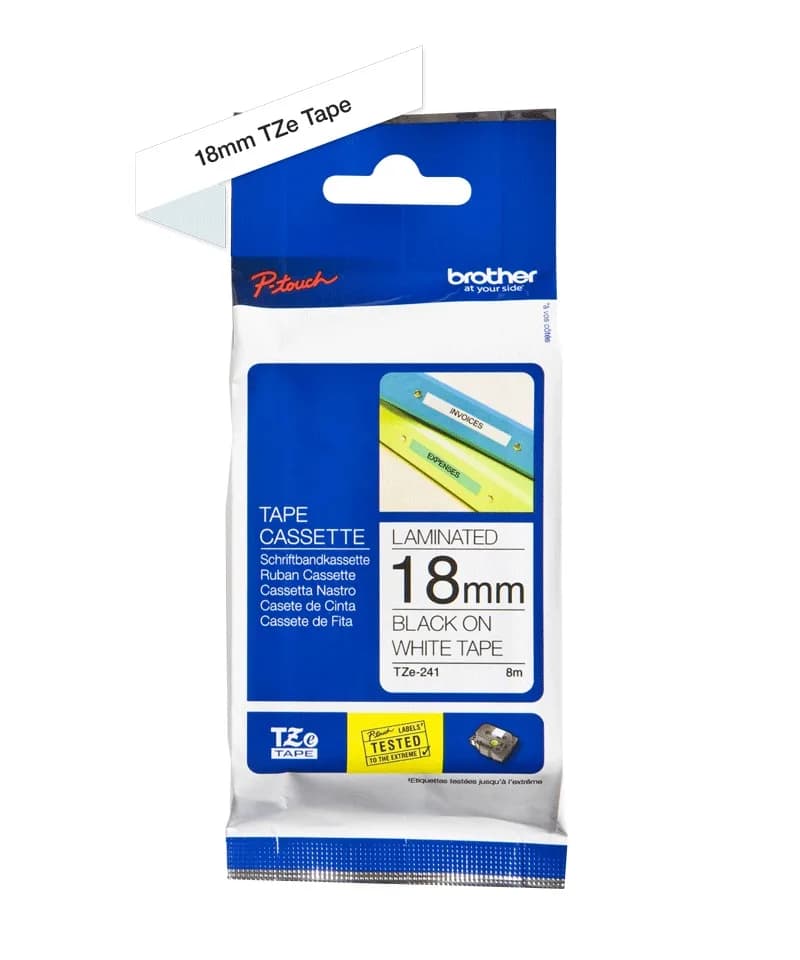 Banda Laminata Original Brother Black on White, TZE241, pentru P-Touch D400|D450|D600VP|E300VP|E550WVP|H500|P700|P750W, 18mm x 8m, incl.TV 0 RON, "TZE241" — miniatură