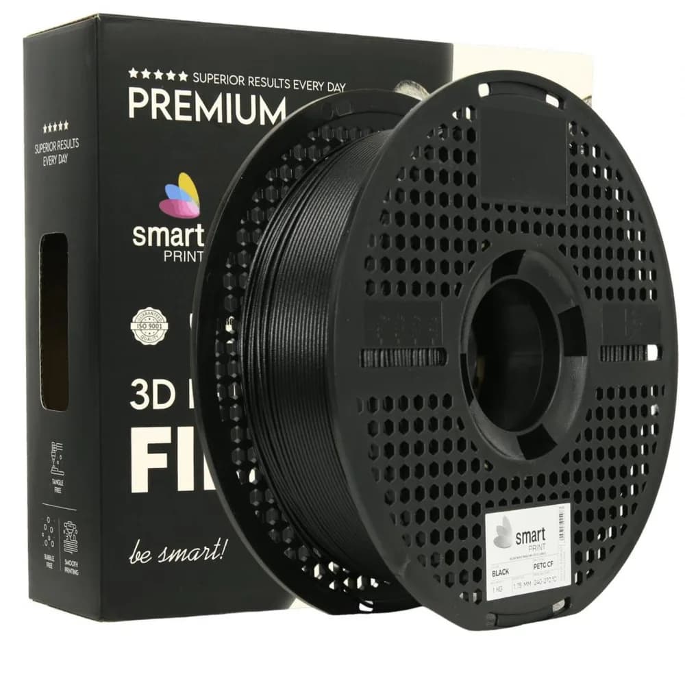 SMART PRINT 3D FILAMENT 1KG PETG+CF BLACK, continut de fibra de carbon, reztenta la deformare, rezistenta la caldura sporita, recomandare utilizare impreuna cu imprimanta cu incinta inchisa. Diametru: 1.75mm, Greutate: 1kg, Temperatura duza: 255C - 270C, Temperatura platforma printare: 80C - 90C.