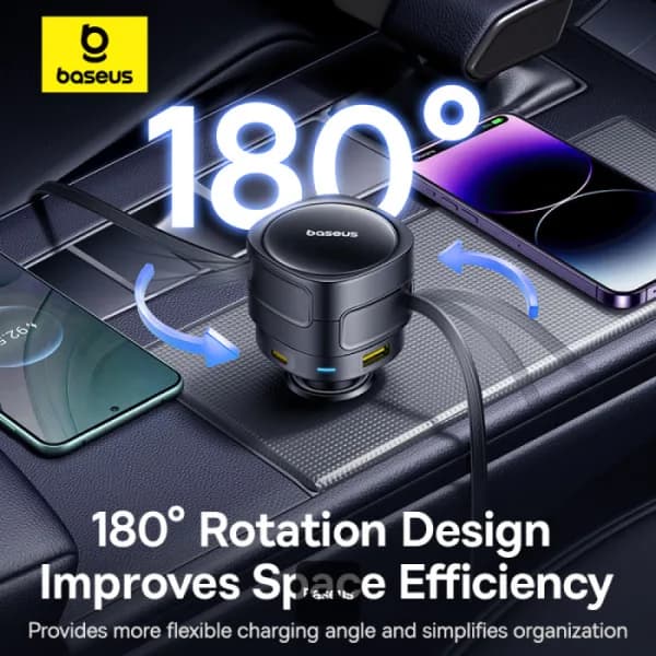 INCARCATOR auto Baseus Enjoyment Max, Quick Charge 90W, 1 x USB, cablu retractabil integrat 2 x USB Type-C, pt. bricheta auto, negru "C00035507121-03" - 6932172682606 — miniatură