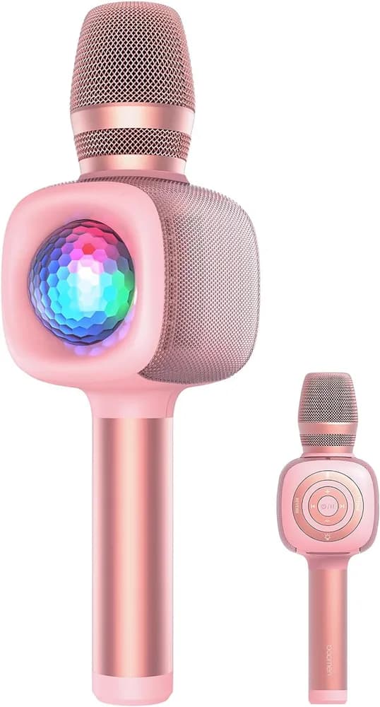 Microfon OneOdio, wireless, conectare prin Bluetooth 5.2, sensibilitate -52 dB, acumulator 1800 mAh, karaoke | Iluminare | 4 moduri voce, roz, "Bopmen-Star-10-Pink"