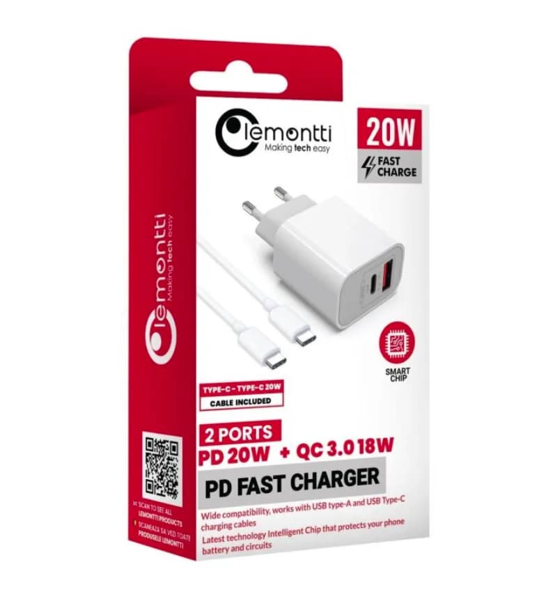 Incarcator LEMONTTI LIRFCQCPD20WA, 20W, 2 porturi, Alb — miniatură
