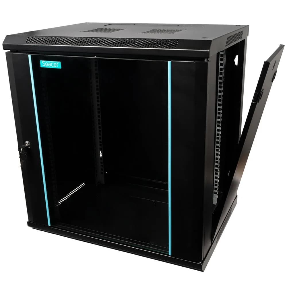 CABINET 19″ SPACER 12U 600x450mm, fixare pe perete, Flatpack (dezasamblat), Black, usa sticla cu blocare, panouri detasabile, otel 1.5mm, sarcina maxima 60Kg — miniatură