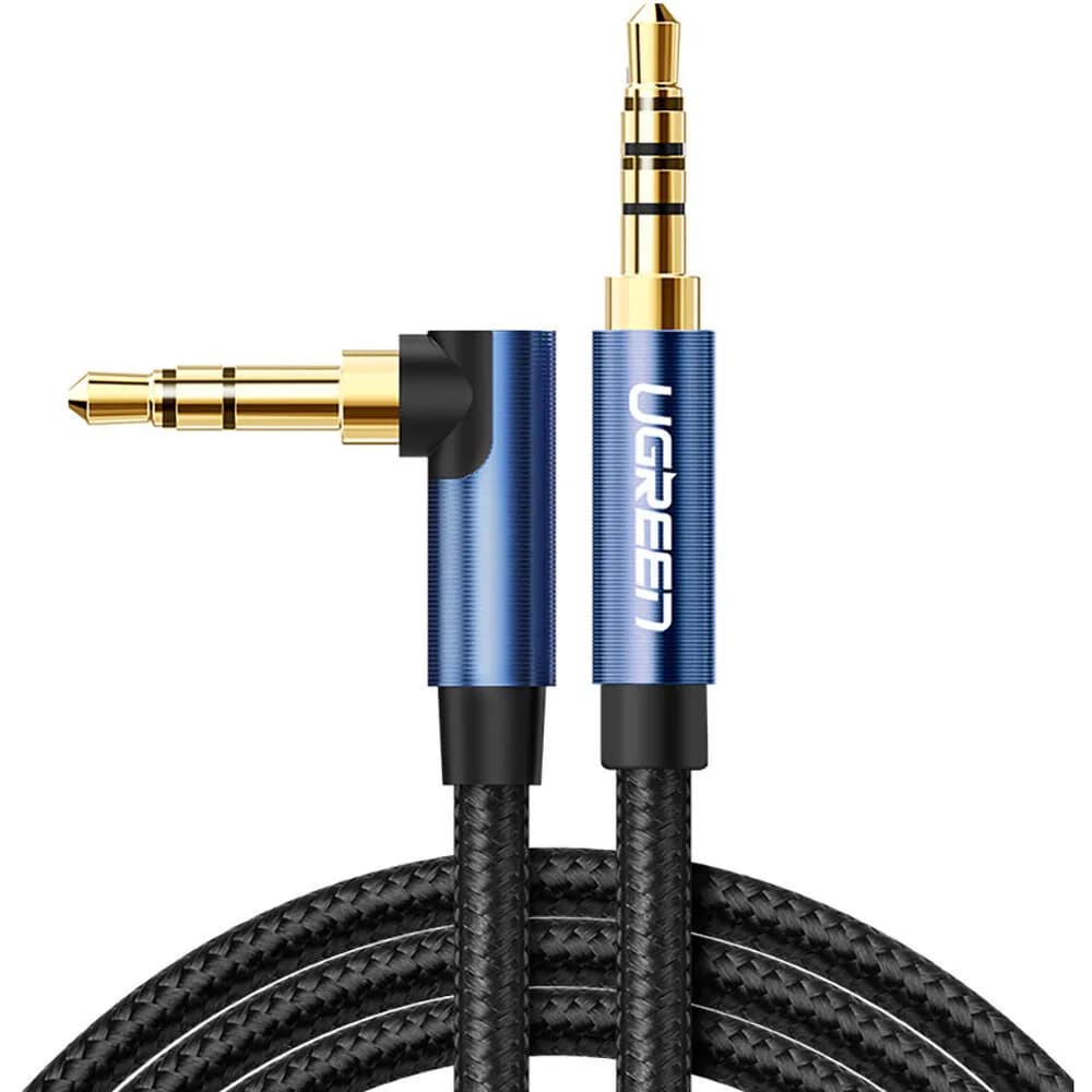 CABLU audio Ugreen, "AV112" stereo (3.5 mm jack T/T), conectori auriti, 1m, braided, unghi de 90 grade la un cap, albastru "60179" - 6957303861798