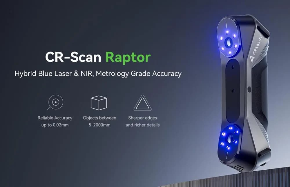 CREALITY 3D SCANNER CR-SCAN RAPTOR, mod scanare: Blue Light(Blue 7-line laser) / NIR(infrared binocular structured light), Acuratete: 0.02mm @ 100mm, Rezolutie: 0.02-2mm, Viteza scanare: pana la 60fps, volum minim scanare: 5mm x 5mm x 5mm, Raza single capture: 270mmx170mm@300mm, Distanta scanare