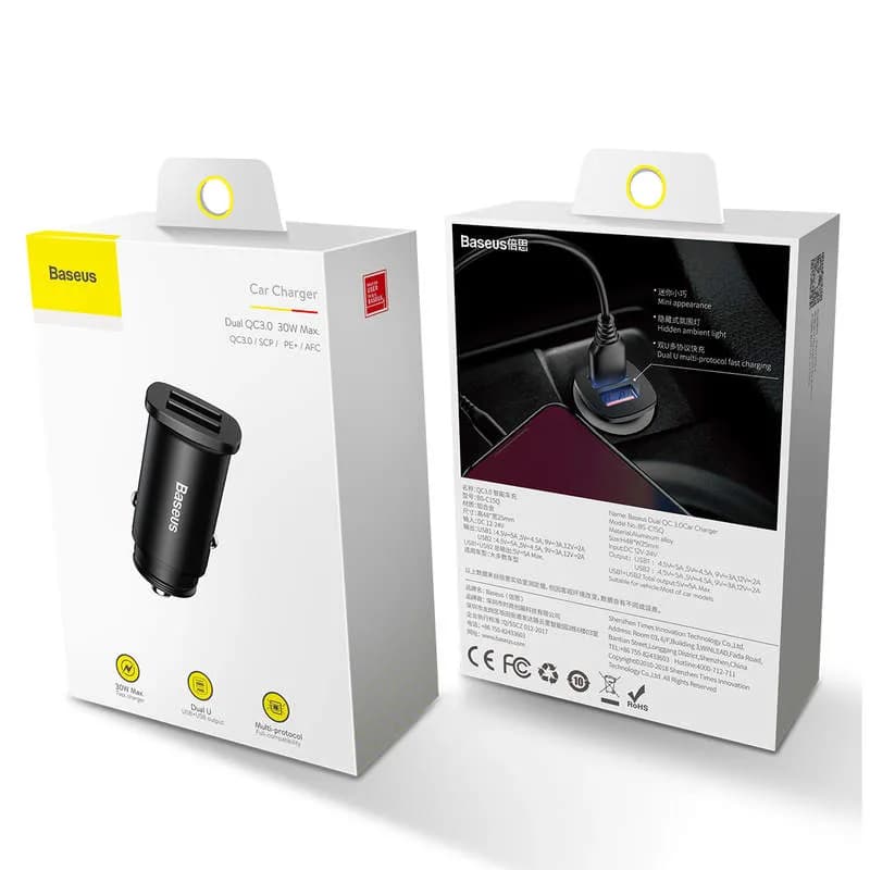 INCARCATOR AUTO Baseus Metal, QC3.0, 2 x USB, total output 30W, pt. bricheta auto, negru "CCALL-DS01" - 6953156284180 — miniatură
