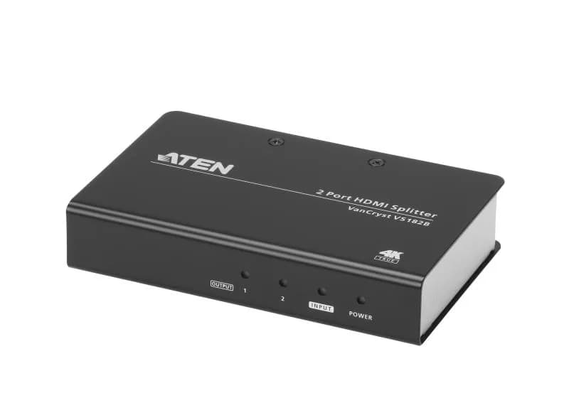 Splitter True 4K ATEN VS182B-AT-G. Video Type portul: HDMI, Iesire video: 2x HDMI. Rezoluţia maximă: 4096 x 2160 Pixel, Culoarea produsului: Negru, Material carcasă: Metal. Tensiune AC intrare: 5 V, Consum de energie (tipic): 4,24 W. Lățime: 80 mm, Adâncime: 125 mm, Înălţime: 25 mm. Cantitate per