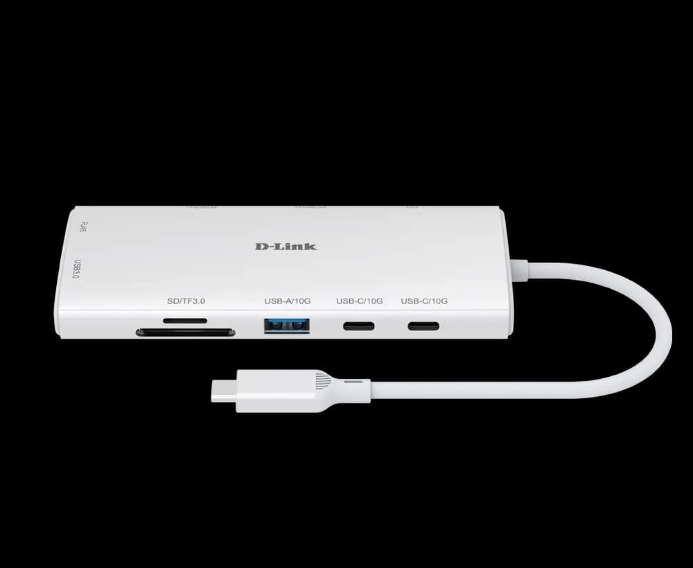 DOCKING STATION D-LINK, 10-in-1, conectare PC Type-C, porturi: SD/microSD card reader, 2 x USB, 2 x USB Type-C, 2 x HDMI 2.0, 1 x USB Type-C 4.0 with DP 1.4, 1 x Gigabit RJ45, USB Type-C cablu 50 cm, alb "DUP-A01" — miniatură