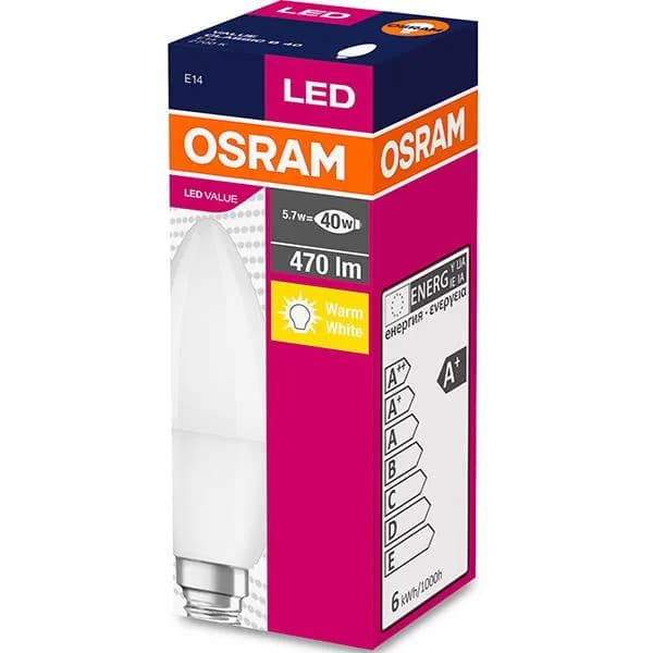 Bec LED Osram Value Classic B, E14, 4.9W (40W), 470 lm, luminacalda(2700K) — miniatură