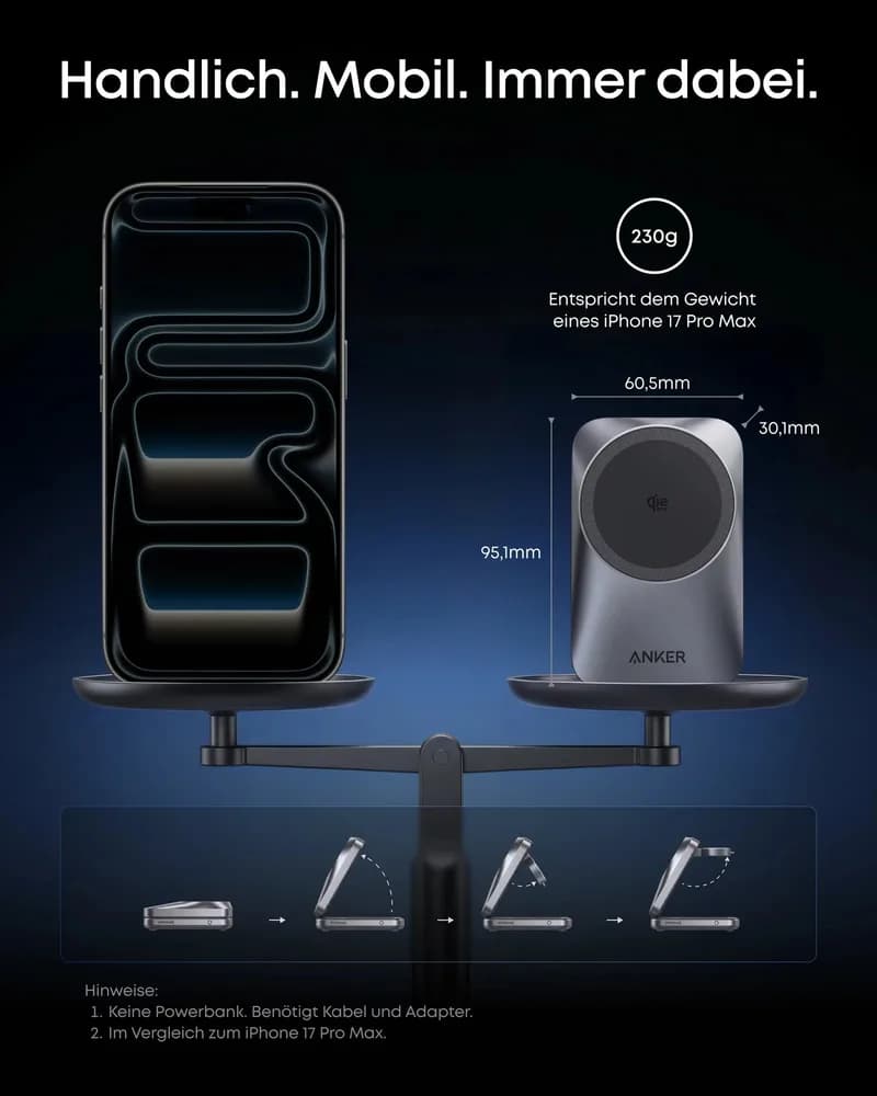 Statie de incarcare wireless 3 in 1 Anker, Prime, 45W, portabil, pliabil, fast charge, pentru iPhone seriile 12-17, Apple Watch, AirPods,exceptie iPhone 17 Air, 1 x USB-C incarcare, gri, "B25N1G11" - 0194644321809 — miniatură