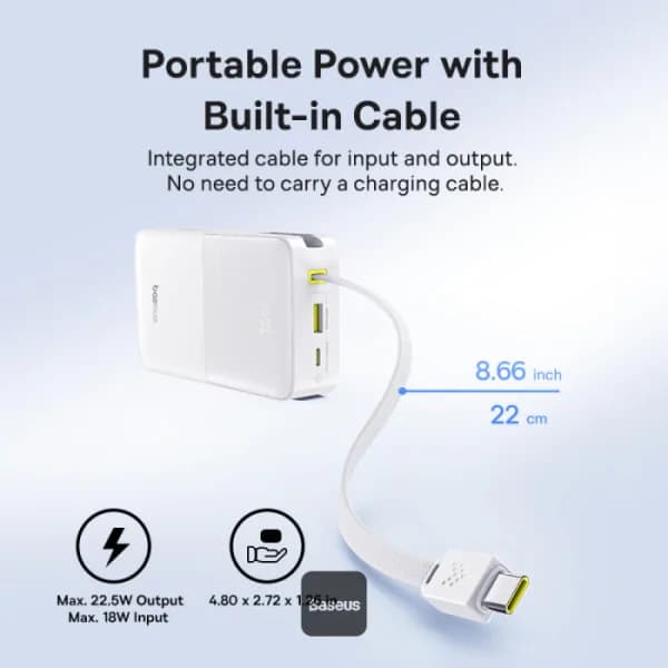 POWER BANK Baseus EnerFill FC51 Bipow2 Pro, 20000mAh, PD 22.5W, 1 x USB; 1 x cablu integrat USB Type-C, 1 x Type-C, digital display pt. status baterie,total 2.4A, alb "E0027700" - 6932172691882 — miniatură
