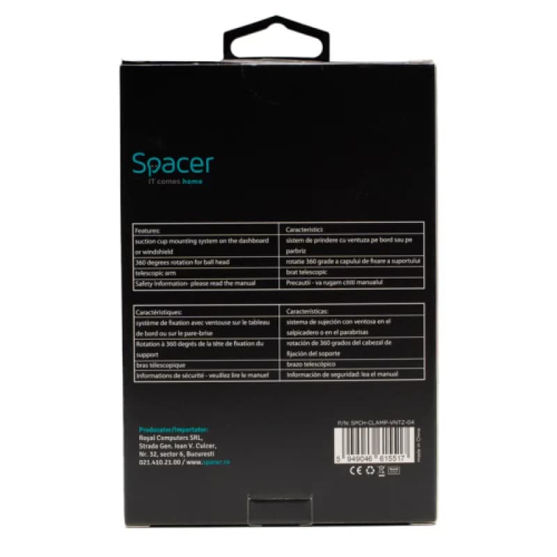 Suport auto SPACER pt. SmartPhone, fixare pe bord sau geam prin ventuza, brat telescopic, sistem auto-lock, rotire 360 grade, negru