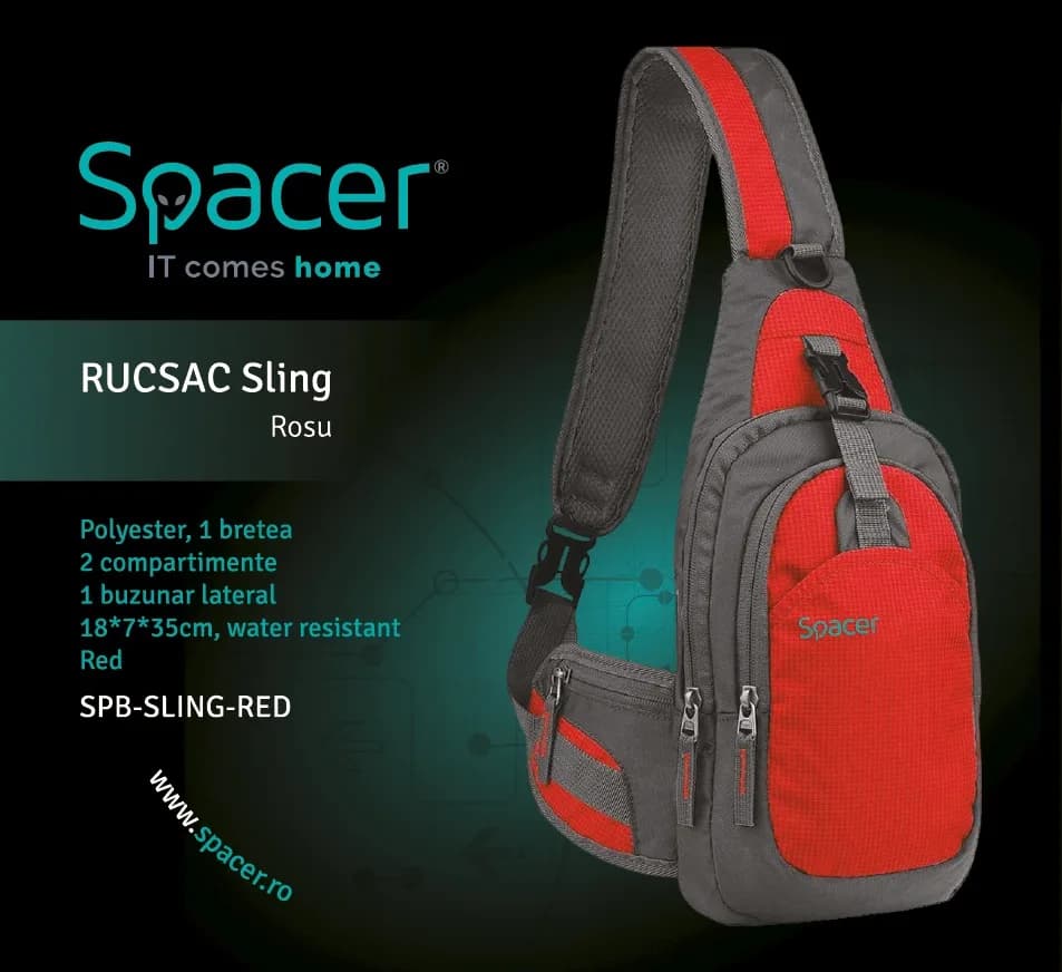 RUCSAC SPACER Sling, nylon,1 bretea, 2 compartimente principale,1 buzunar frontal, 1 buzunar lateral, 35x18x7cm, water resistant, red, "SPB-SLING-RED" — miniatură