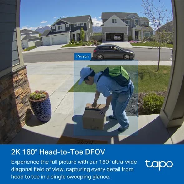 Video Doorbell Camera 1×Tapo D210 + 1×Tapo D100C SPEC: 2K 3MP(2304×1296), 2.4 GHz, 6400mAh rechargeable lithium-ion battery, Chime included FEATURE: Ringtones, Head to Toe View(16:9), Smart Detection and Notifications (Motion, people), Quick Response, Video Call, Remote Control, Two-Way Audio, Voice — miniatură
