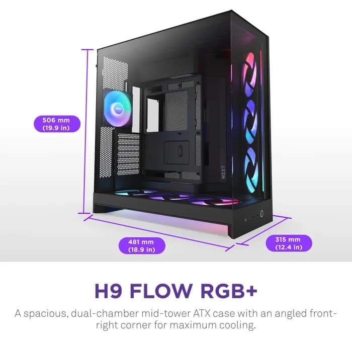 Carcasa NZXT H9 Flow RGB+ (2025), Dual-Chamber, Mid-Tower, Control Hub, Negru "CM-H92FB-P1" — miniatură