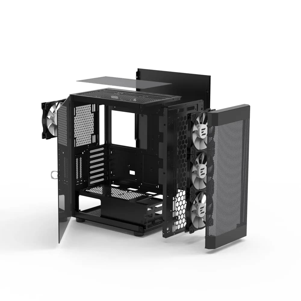 CARCASA Zalman "i4 TG", middle tower, gaming, fara sursa, suporta 8xfan, 4xfan 140mm inclus, PSU shroud, USB 3.1 gen1 x 2, USB 2.0 x 1, audio+mic, 7 sloturi expansiune + 2 verticale, negru, "i4 TG Black" — miniatură
