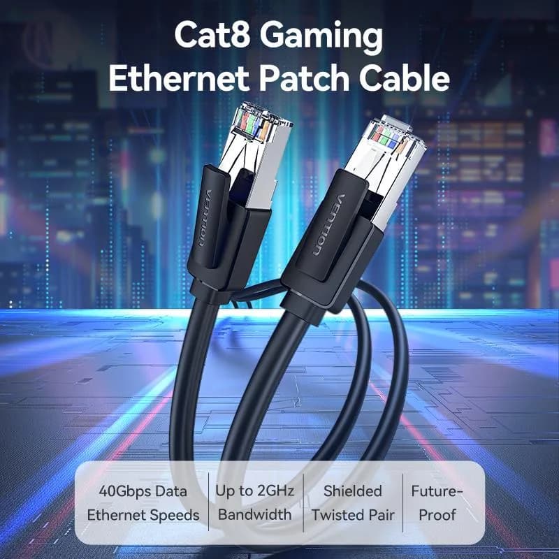 Patch cord SFTP Vention, Cat. 8, RJ-45 (T) la RJ-45 (T), 0.5m, AWG 28, 40 Gbps, ecranat, negru, "IKKBD" - 6922794780309 — miniatură