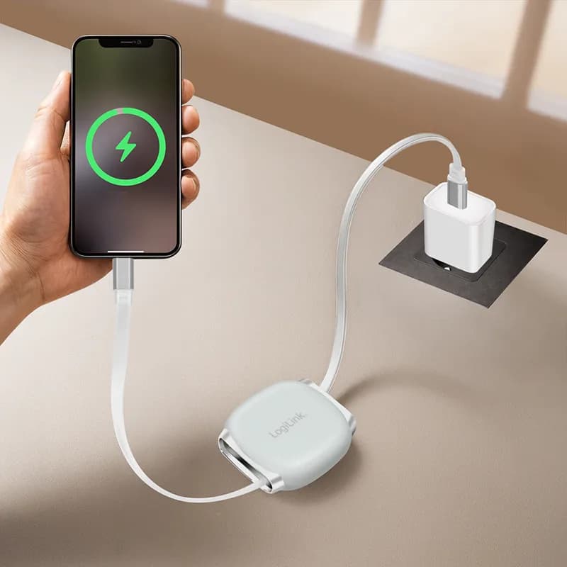 CABLU alimentare si date LOGILINK, pt. smartphone, USB 2.0, USB Type-C (T) la USB Type-C (T), 1m, PD 60W, 480Mbps, retractabil, ecranat, plastic, white, "CU0501" — miniatură